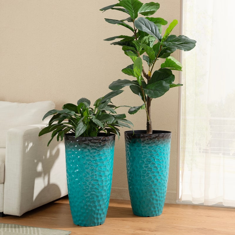 Glitzhome 23.75"H Set of 2 Oversized Eco-Friendly PP and Stone Honeycomb Textured Blue/Green/Red Tall Plastic Planter - Turquoise