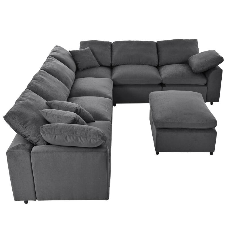 129.3'' L-Shaped 7-Seater Sectional with Ottoman and Pillow, Spacious Design for Living Room or Office Use
