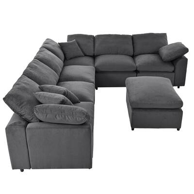 L-Shaped Sectional Sofa 7 Seat Modular Corner Sofa w/Ottoman, Gray