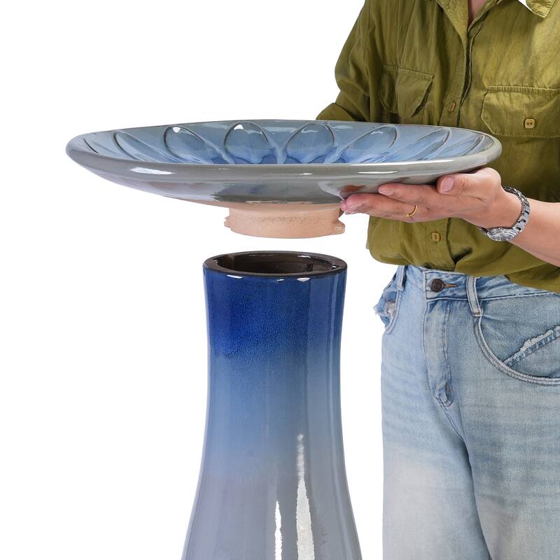 Anmytek Ceramic Bird Bath for Outside Tall Pedestal Glazed Birdbaths