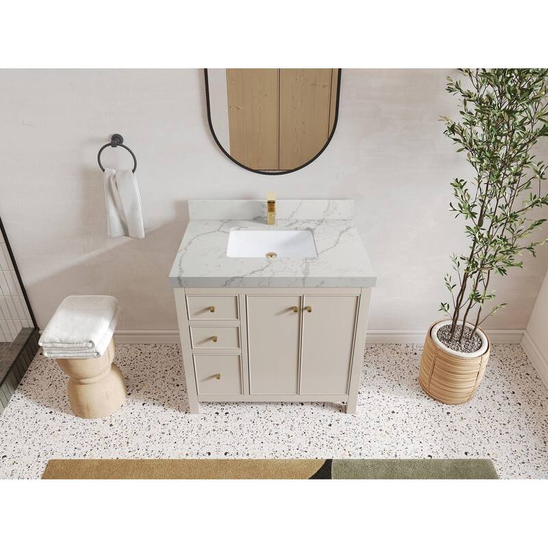 Willow Collections 36 in. W x 22 in. D Chicago Center Sink Right Bathroom Vanity with Countertop - 2” Venatino - Fine Grain