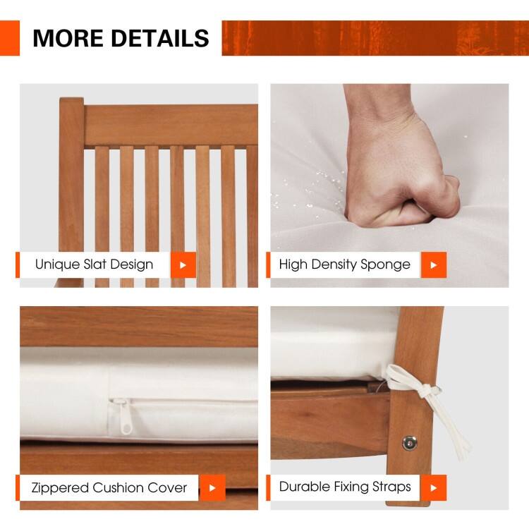 2-Person Hanging Porch Swing Wood Bench with Cushion Curved Back - 54.5" x 24.5" x 23.5"(L x W x H)