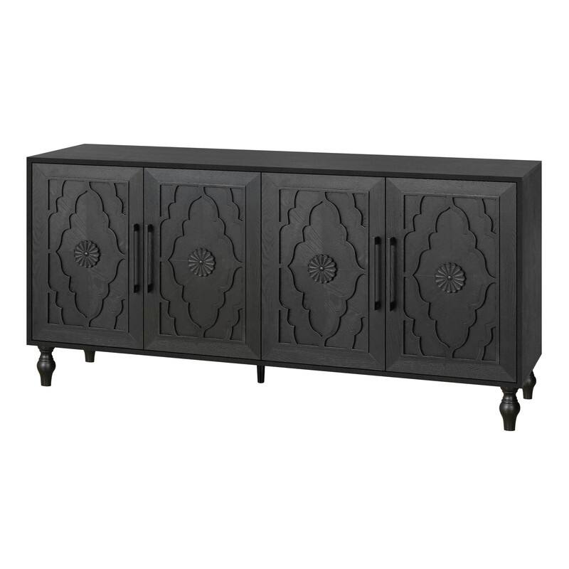 Carved Floral Door Large Storage Cabinet with Metal Handle for Living Room, Kitchen, Entryway