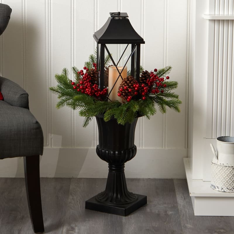 33" Berries and Pinecones Christmas Candle Lantern with Decorative Urn