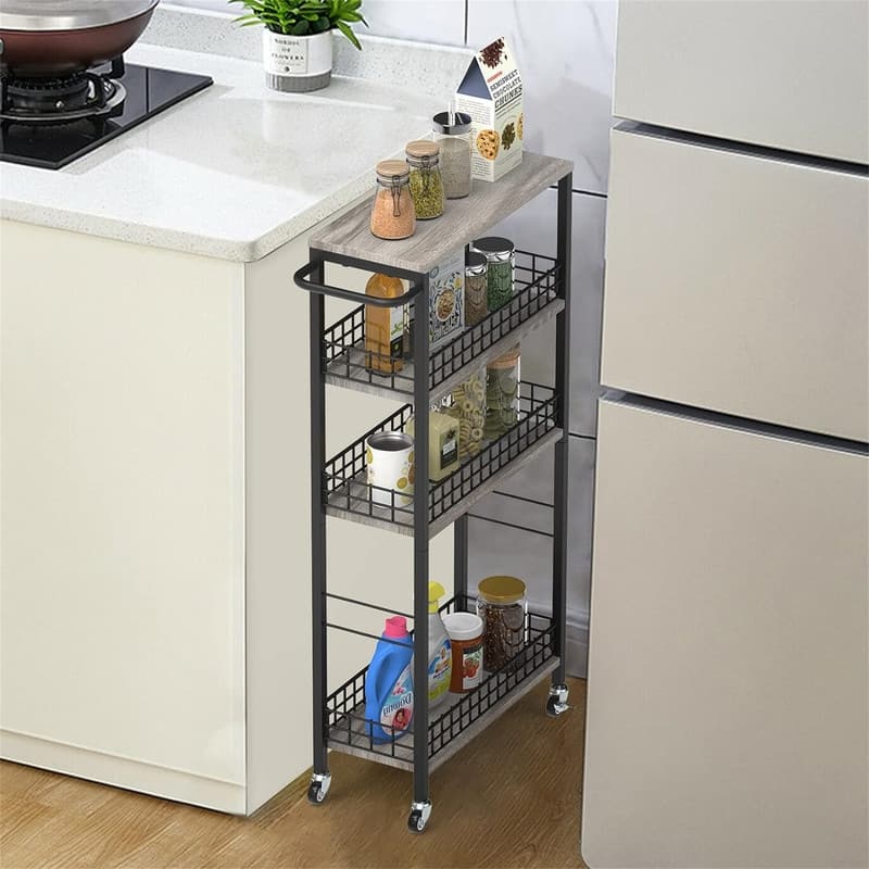 Storage Cart Rolling Kitchen Cart with Wheels Narrow Laundry Storage Utility Cart - 7.08"D x 16.53"W x 34.56"H - Grey