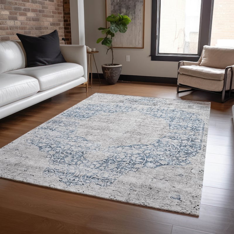 Machine Washable Indoor/ Outdoor Vintage Traditional Chantille Rug - Blue - 9' x 12'