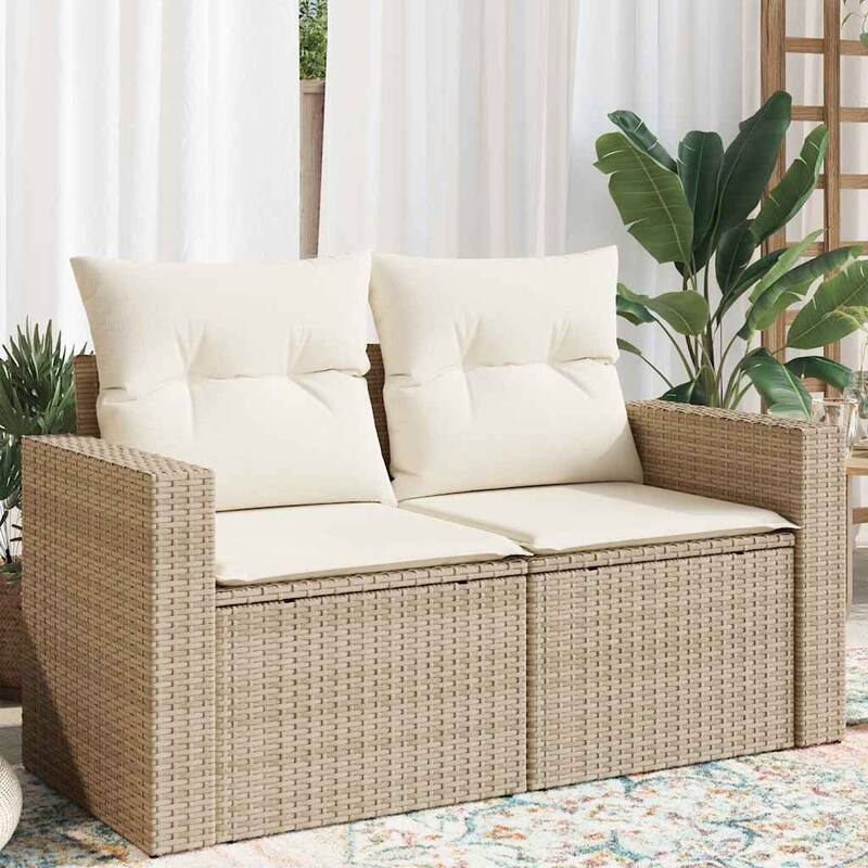 vidaXL Patio Sofa with Cushions 2-Seater Modular Couch Loveseat Poly Rattan - 24.4 x 51.6 x 27.2 in - Beige and cream without storage