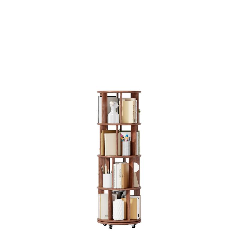 100%Solid Wood Rotating Bookshelf on Wheels, 4 Tier, Round Revolving Bookcase, 360°Spinning Book Shelf Tower - Walnut