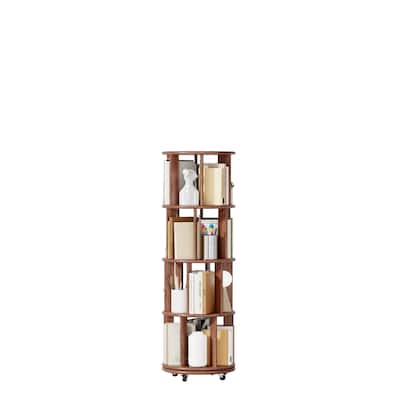 100%Solid Wood Rotating Bookshelf on Wheels, 4 Tier, Round Revolving Bookcase, 360°Spinning Book Shelf Tower
