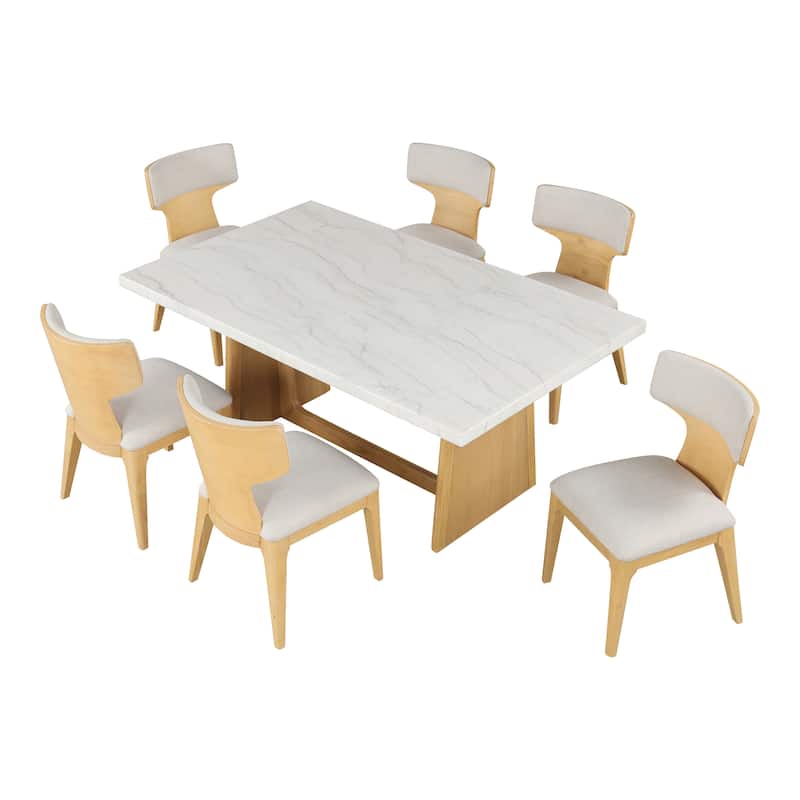 Furniture of America Wayley Modern 7-Piece Solid Wood Genuine Marble Top Dining Table Set