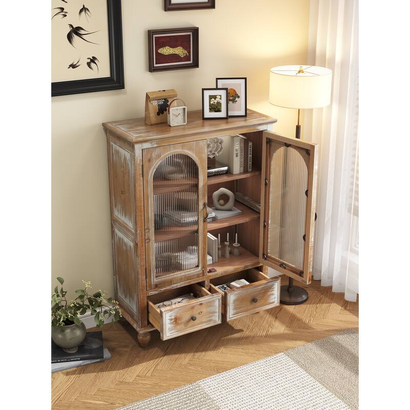 Farmhouse Storage Cabinet,Wood Kitchen Pantry Cabinet with 2 Glass Doors & 2 Drawers,Freestanding Buffet Cupboard with Shelves