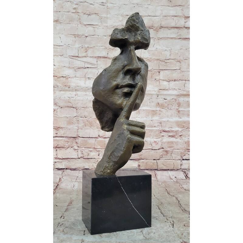 Abstract Dali Bronze Face Sculpture – Silence Shushing Statue On Marble Base