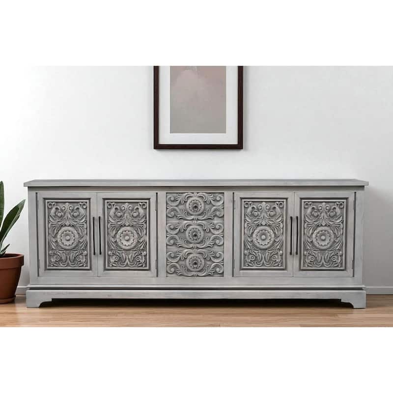 HomeRoots 106" Gray Distressed Solid Wood Carved Floral Three Drawer Sideboard with Four Doors - 106.00 in. x 39.00 in.  x 17.00 in.