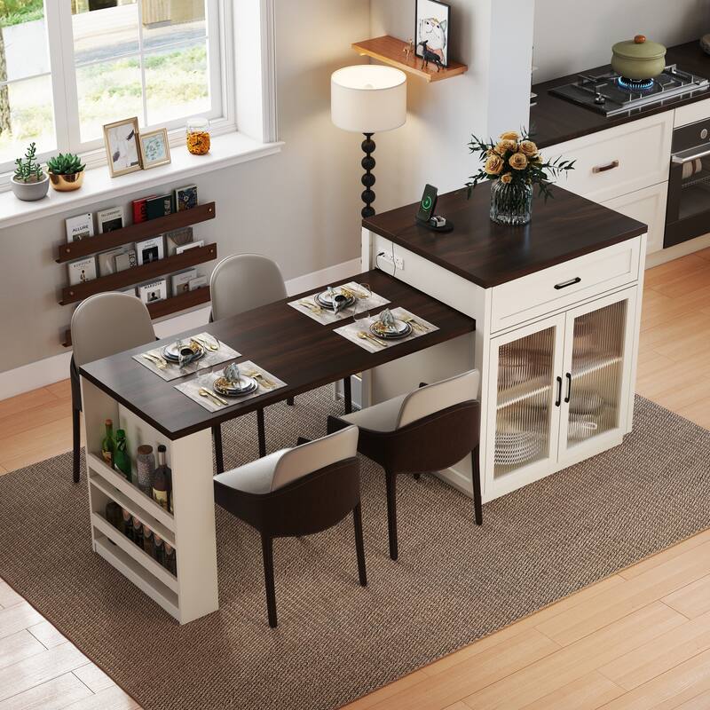 83.1"Extendable Kitchen Island with Slide Out Table and Storage Racks,Kitchen Island with Tempered Glass Doors,Power Outlet