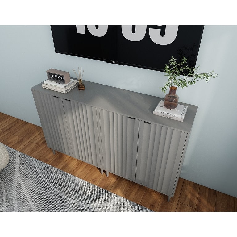 Modern Kitchen Buffet Storage Cabinet with Open Shelves, Stripe Cabinet Accent Cabinet Enclosed Cabinet