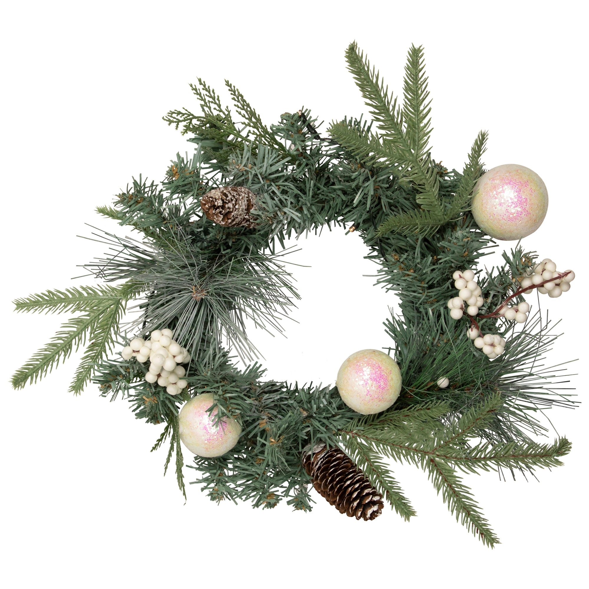 16" Pre-Lit Decorated Mixed Pine and White Berries Artificial Christmas Wreath