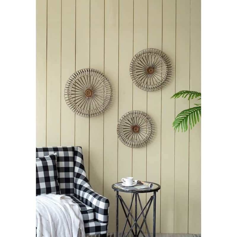 Set of 3, Modern Jennings Discs Wall Decor with Shield Design and Floral Pattern, for Fireplace Mantel Above Desk - Bronze