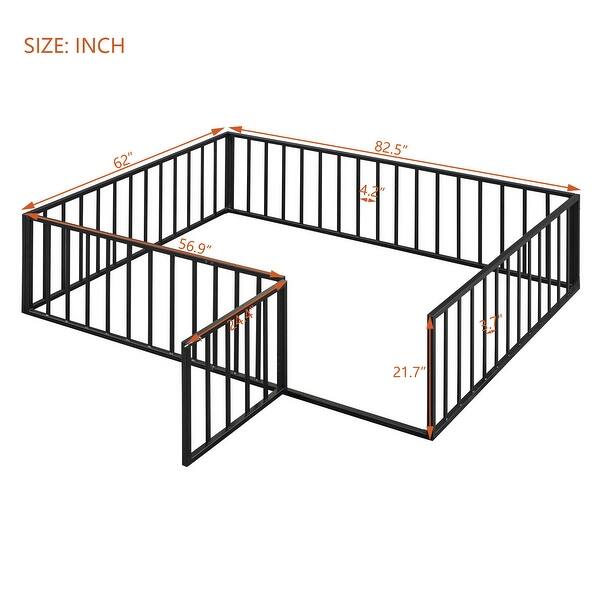 Black Queen Size Metal Floor Bed Frame with Fence & Door