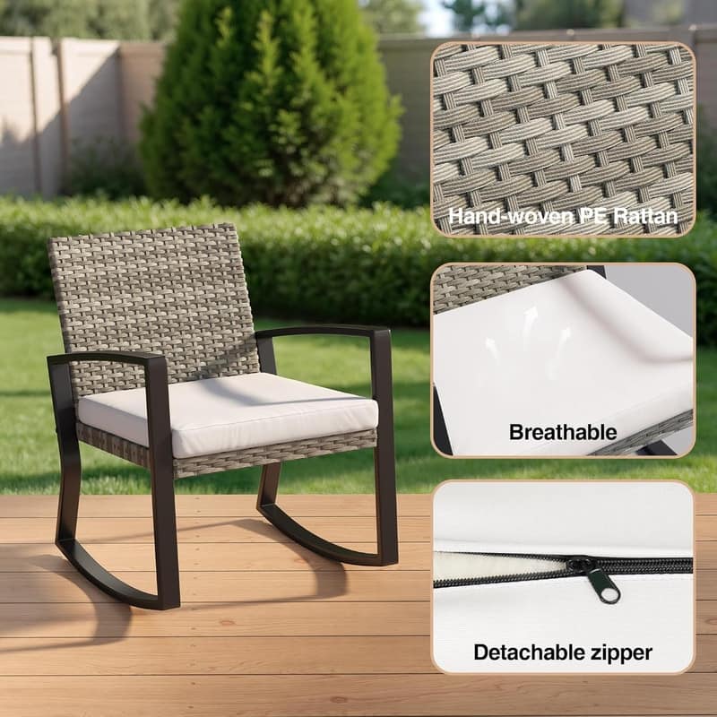 3 Pieces Wicker Patio Set with Cushion Outdoor Chair Set with Glass Table Rattan Chair Modern Bistro Set