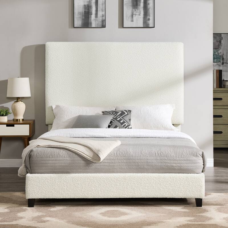 Queen Size White Boucle Upholstered Platform Bed with Padded Headboard