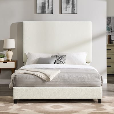 Queen Size White Boucle Upholstered Platform Bed