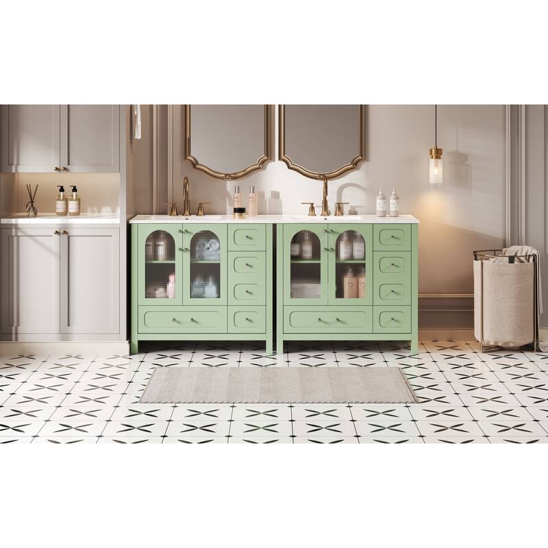 72" Bathroom Cabinet With Waffle Texture Doors,Vanity With 8 Drawers,Four Soft-Closing Doors And Double Sink Top