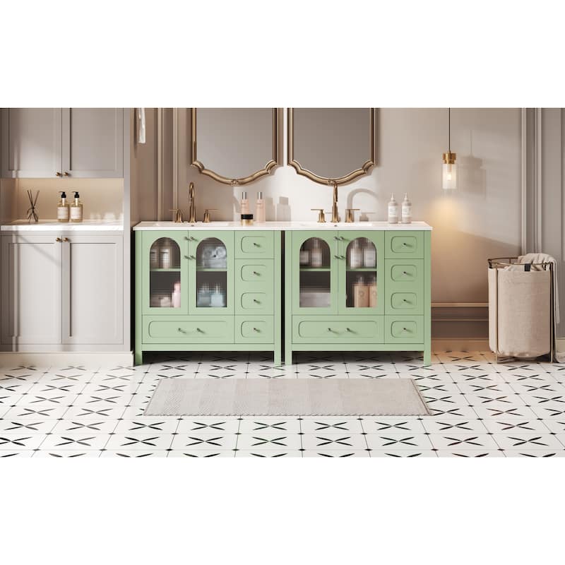 GDFStudio - Wesbridge Modern Double Sink Bathroom Vanity Set with 8 Drawers, 4 Soft-Closing Glass Doors - 72'W