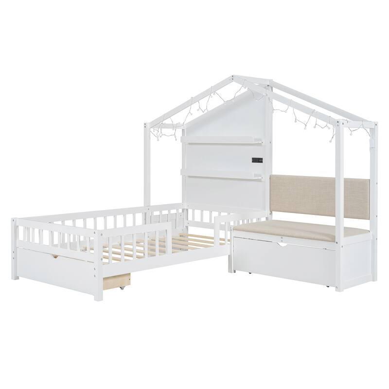 Twin Size House Bed with Upholstered Sofa, House Bed with Charging Station