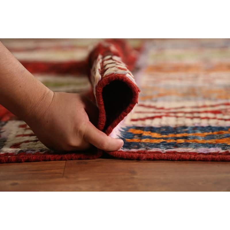 Red Geometric Moroccan Area Rug Hand-Knotted Wool Carpet - 6'10" x 9'9"