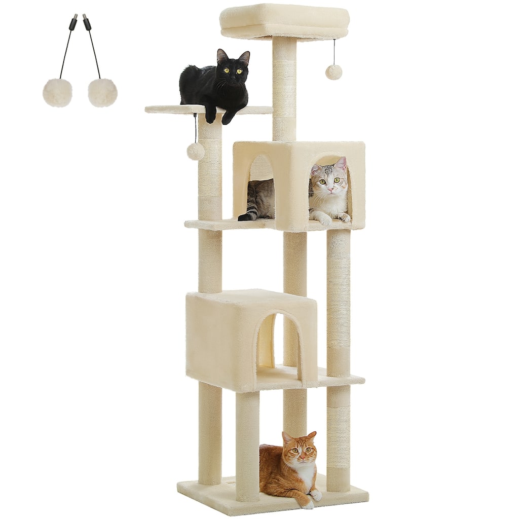 62" Multi-Level Cat Tower with 2 Spacious Condos, Scratching Pad, 4 Cat Scratching Posts, 2 Cat Perches, 2 Pompoms