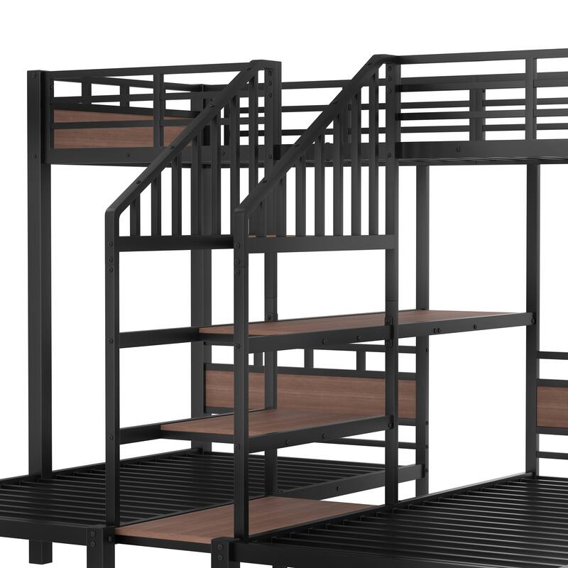 Triple Metal Bunk Bed with Storage Shelves and Stairs, Black