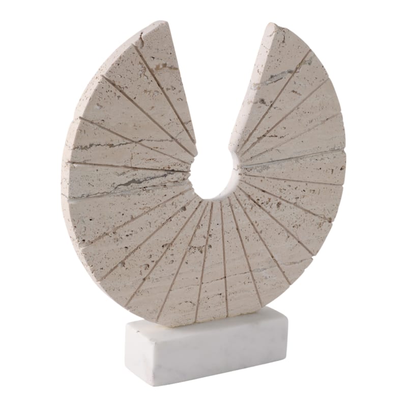 Travertine Marble Geometric Fan Modern Sculpture Decor - 11" Tan - 10" x 2" x 11"