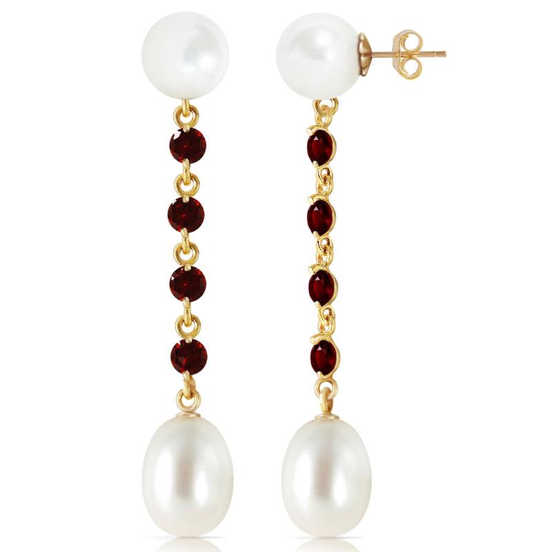 14K Solid Gold Chandelier Gemstone Earrings w/ Garnets & Pearls - Yellow