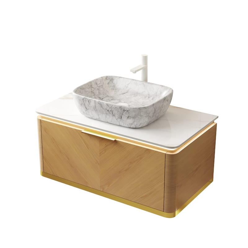 GDFStudio - Dipa Modern 36" Floating Bathroom Vanity with Sensor Light, Drawer & Marble Pattern Ceramic Basin, WITHOUT Faucet