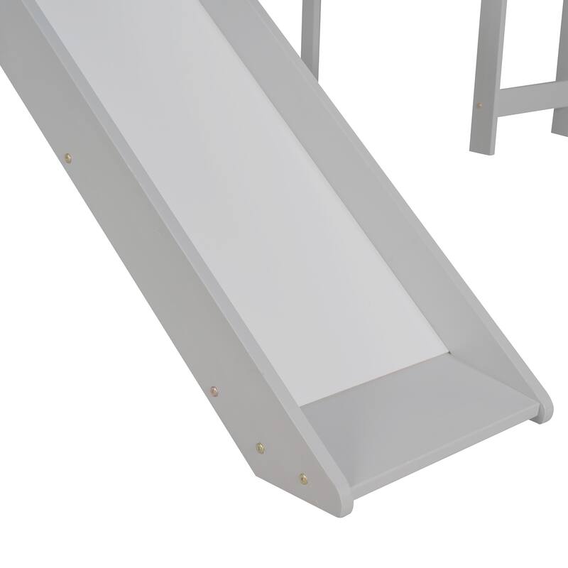 Multifunctional Twin Loft Bed with Slide, Gray Finish, Solid Pine Construction