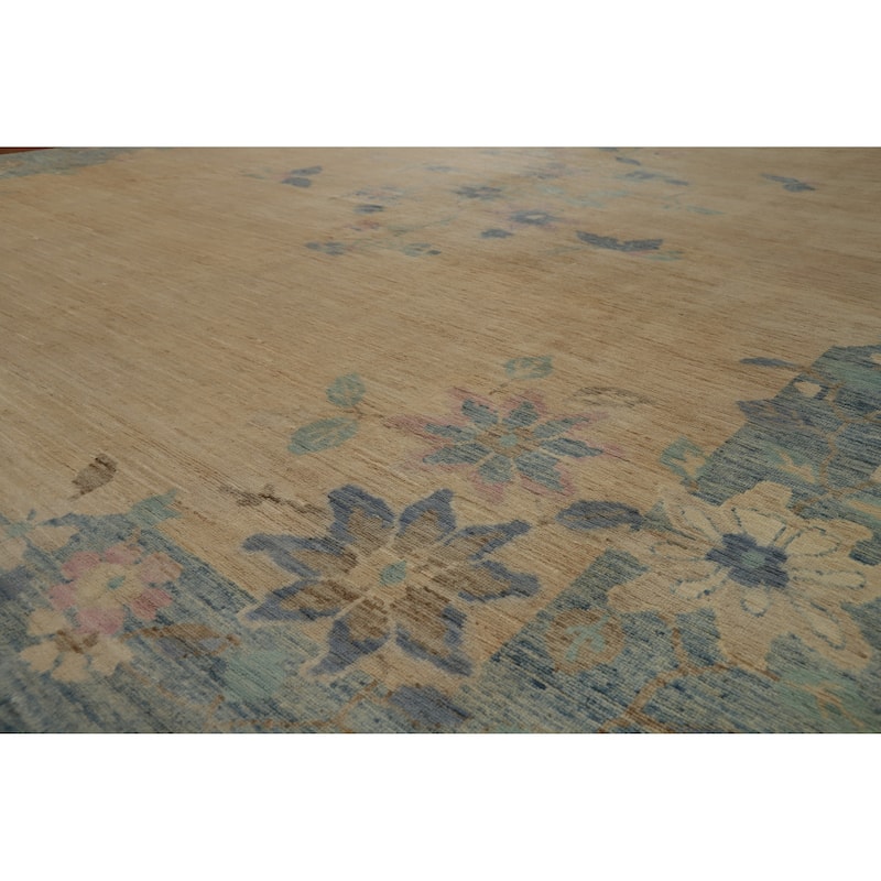 Hand Knotted Oriental 100% Wool Carpet Traditional Floral Beige & Ivories Art Deco Area Rug - 13' 5'' X 9' 8''