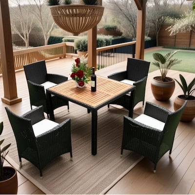 5 Pc Outdoor Patio Wicker Dining Set w/Acacia Wood Top Conversation Set for Lawn, Garden, Backyard