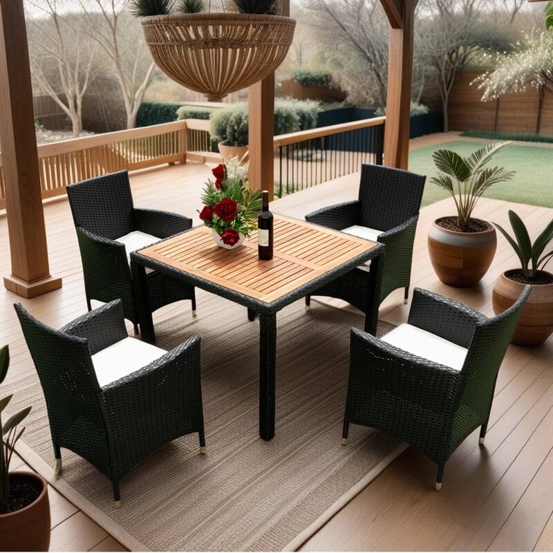 5 Piece Outdoor Patio Wicker Dining Set, Poolside Picnic Beer Coffee Table with 4 Removable Cushions Wicker Arm Chairs