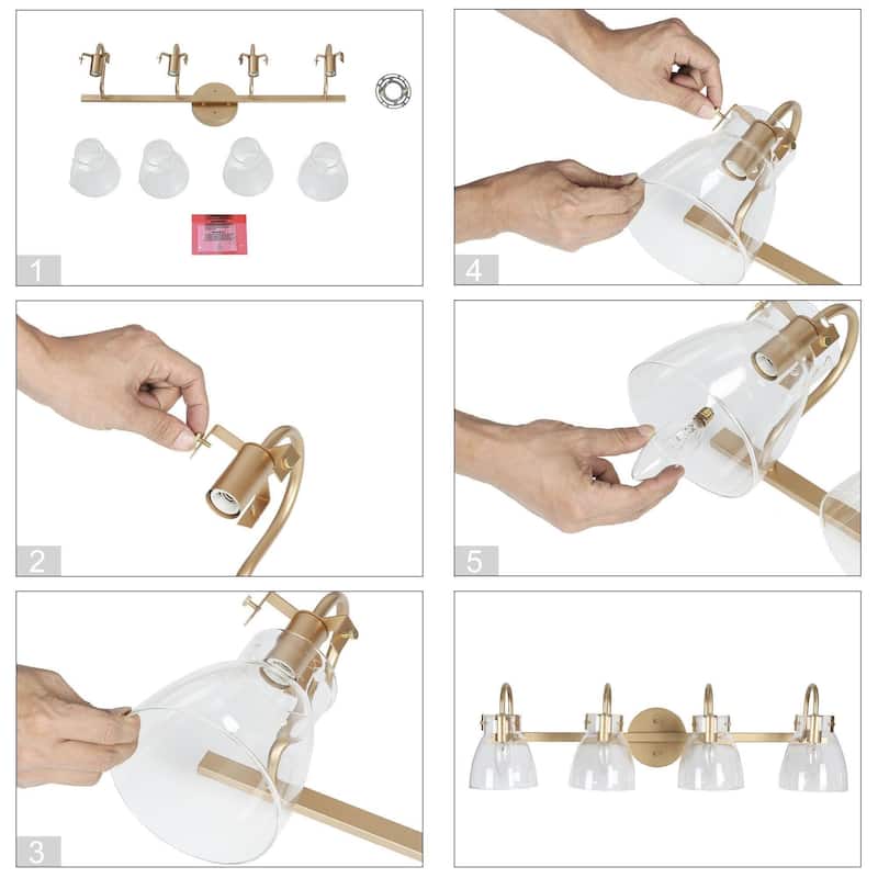 4-Light Mid-Century Modern Linear Gold Bathroom Vanity Light Glass Wall Sconces - 28.5" L x 9" W x 8" H