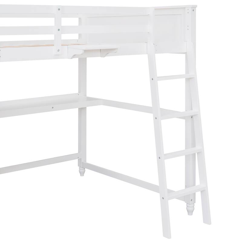 Full Size Loft Bed with Drawers and Writing Desk, Wooden Storage Bed with Shelves, Safety Guardrails and Ladder