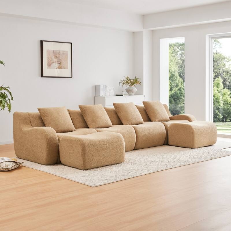 148" Premium Teddy Fabric U-shaped Modular Curved Armrests Boneless Sofa Set