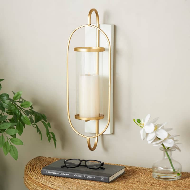 Metal Oval Wall Sconce with White Wood Backing - Gold - Roche River Decor - 6"W x 7"L x 20"H