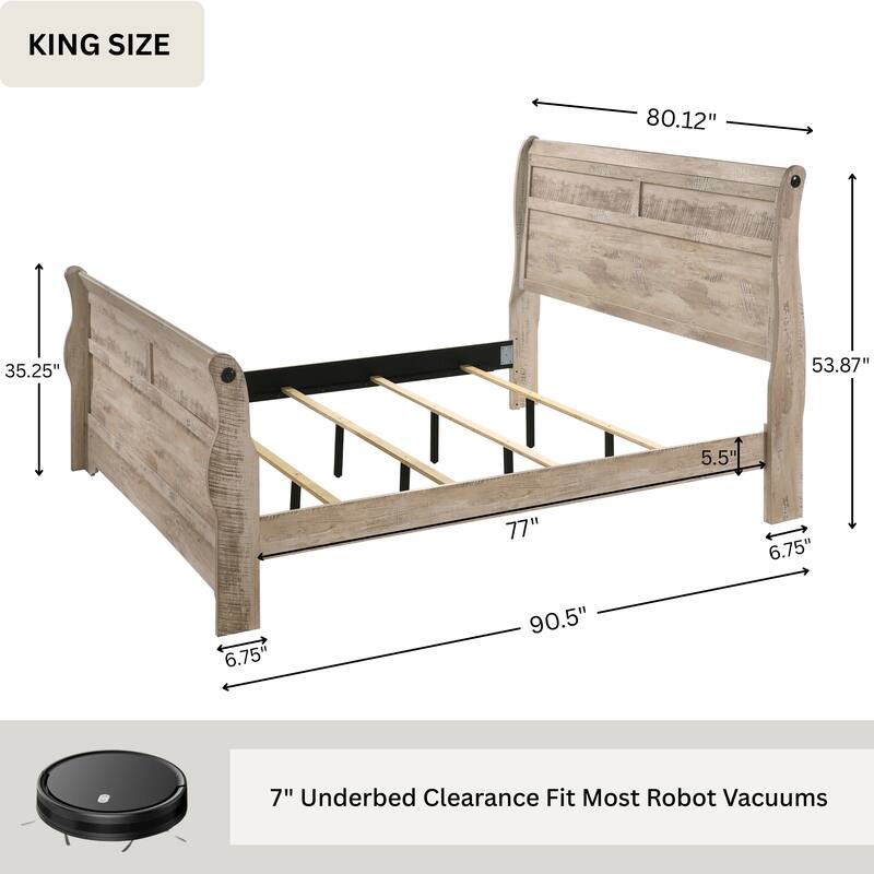 Roundhill Furniture Imerland Contemporary White Wash Finish Bedroom Set with Sleigh Bed, Dresser, Mirror, Nightstand, Chest