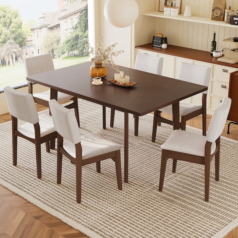 7 Piece Dining Table Set with Rectangular Wood Table and Upholstered Linen Chairs - Dark Walnut