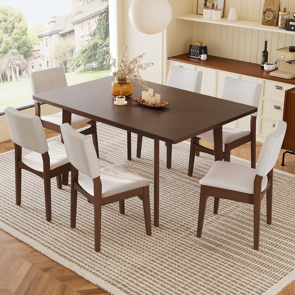 7 Piece Dining Table Set with Rectangular Wood Table and Upholstered Linen Chairs