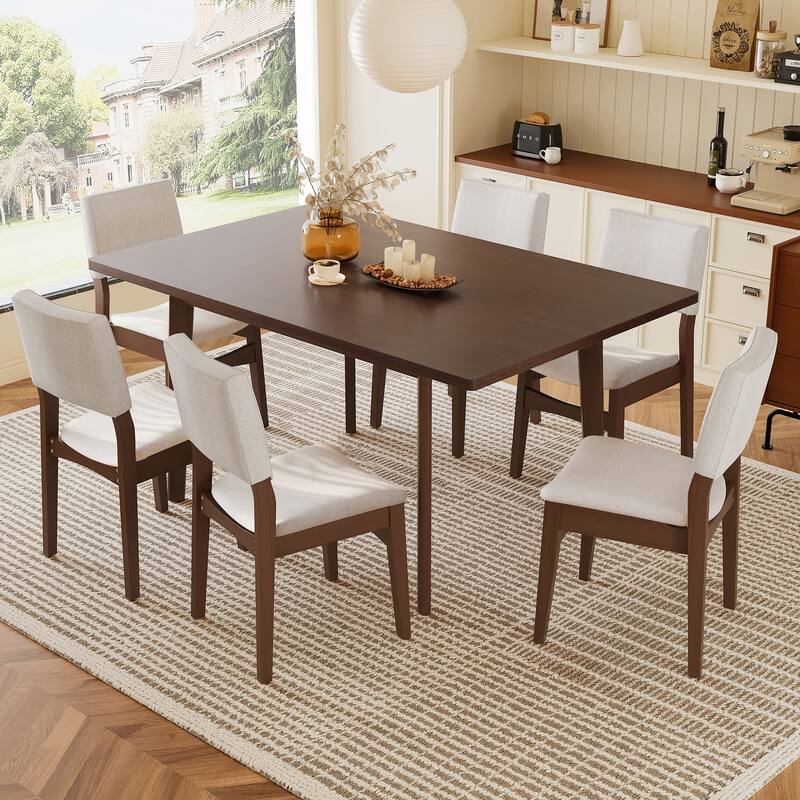 7-Piece Modern Dining Set - Rectangular Solid Wood Table & Upholstered Linen Chairs, for Kitchen/Dining Room - Dark Walnut