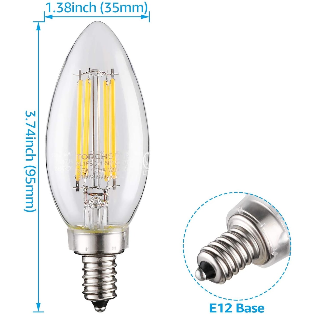 Bulbright 6PACK LED Filament Bulb Tubular T25 4W LED Filament Bulb Warm White 2700K LED Mini Bulb Night Light 30W Equivalent 110-120VAC E12 Base 4 