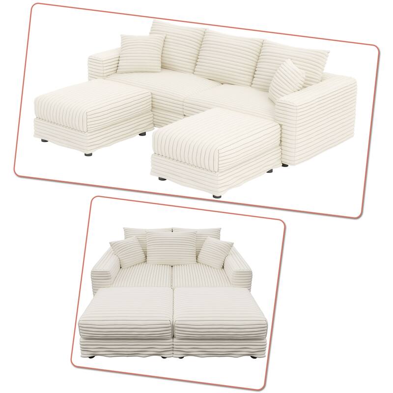 Modern Corduroy Fabric Upholstered Sectional Sofa with Ottoman