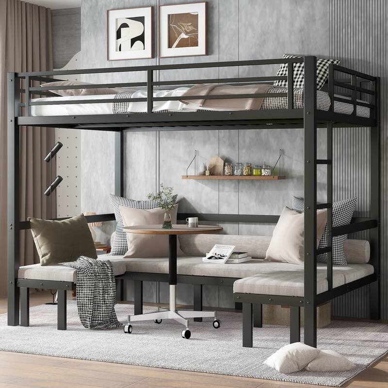 Queen Over Queen Size Pull-Out Bunk Bed, Lower Bunk Can Be Pulled Out In Three Sections, Top Bunk Equipped With Safety Rails - Black