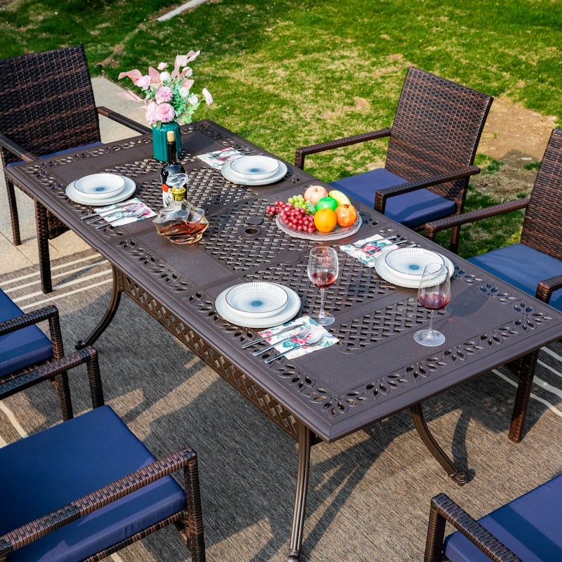 MAISON ARTS 7 Pieces Patio Dining Set Outdoor Rattan Wicker Dining Furniture Set with Umbrella Hole